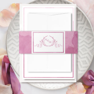 Elegant Mauve Pink Watercolor, Monogram Wedding Invitation Belly Band