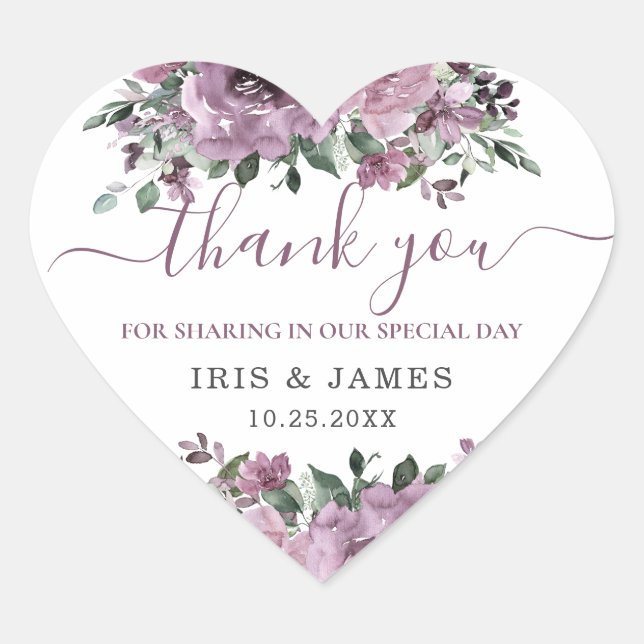 Elegant Mauve Plum Purple Floral Wedding Heart Sticker (Front)