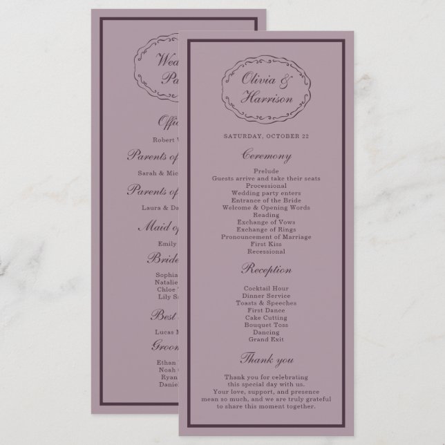 Elegant Mauve Plum Wedding Program Card (Front/Back)