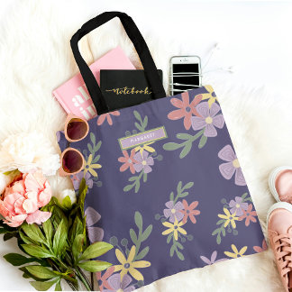 Elegant Mauve Purple Boho Floral Pattern Tote Bag