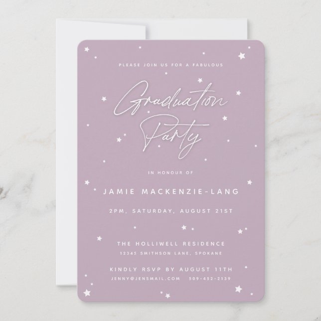 Elegant Mauve Script and Stars Graduation Party Invitation (Front)