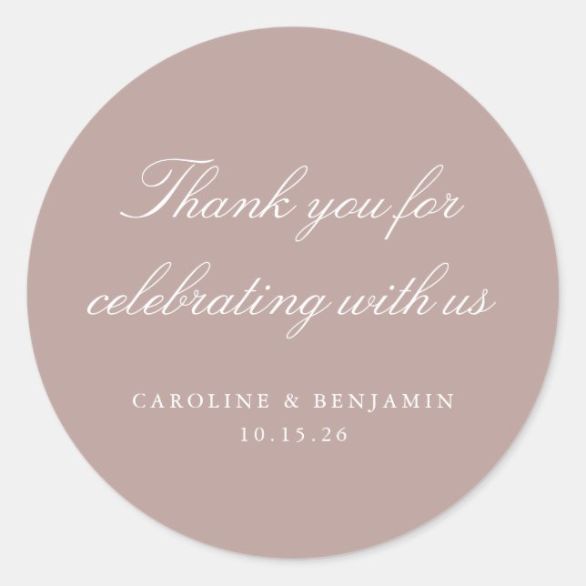 Elegant Mauve Script Wedding Custom Thank You Classic Round Sticker (Front)
