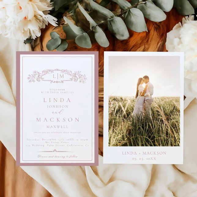 Elegant Mauve & Terracotta Crest Monogram Wedding  Invitation (Creator Uploaded)