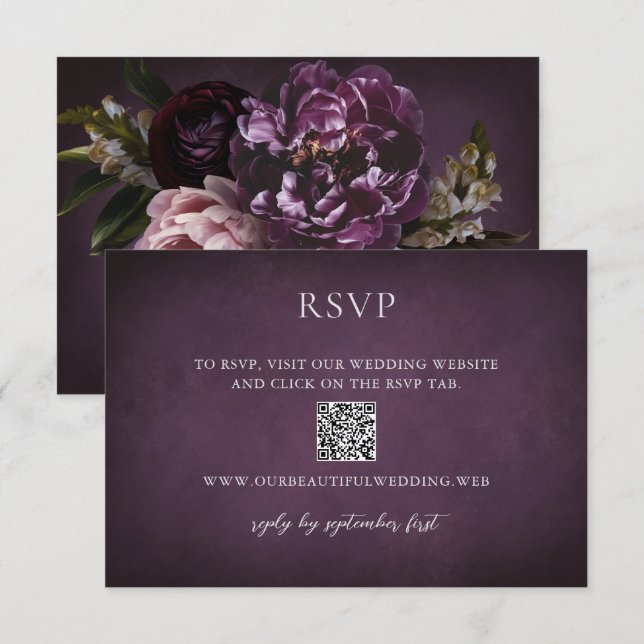Elegant Maximalist Purple Floral QR Code Wedding RSVP Card (Front/Back)
