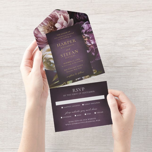 Elegant Maximalist Purple Floral Wedding All In One Invitation (Tearaway)