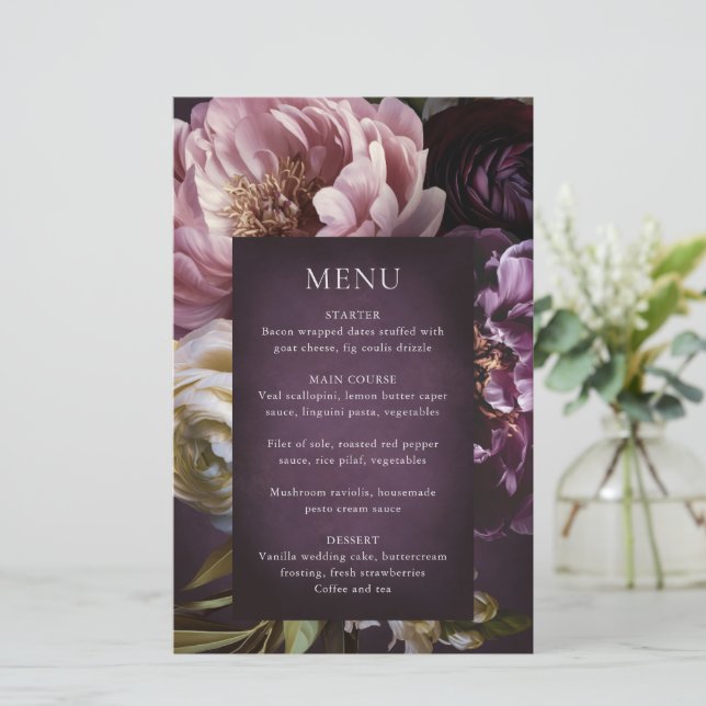 Elegant Maximalist Purple Floral Wedding Menu (Standing Front)
