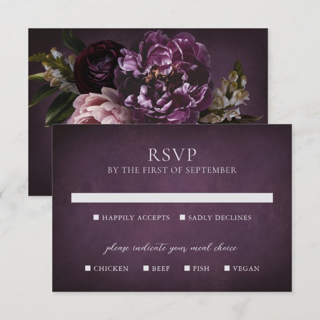 Elegant Maximalist Purple Floral Wedding RSVP Card (Front/Back)
