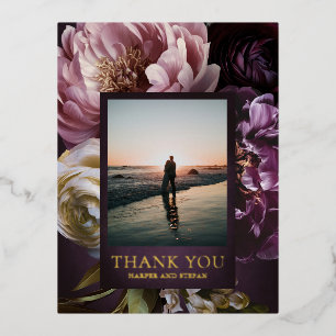Elegant Maximalist Purple Floral Wedding Thank You Foil Invitation Postcard