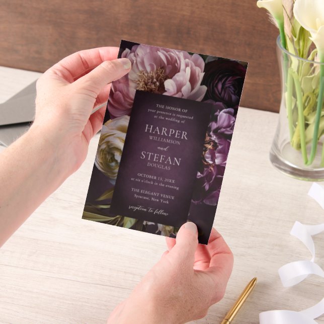 Elegant Maximalist Purple Floral Wedding Vellum Invitations (Handheld)