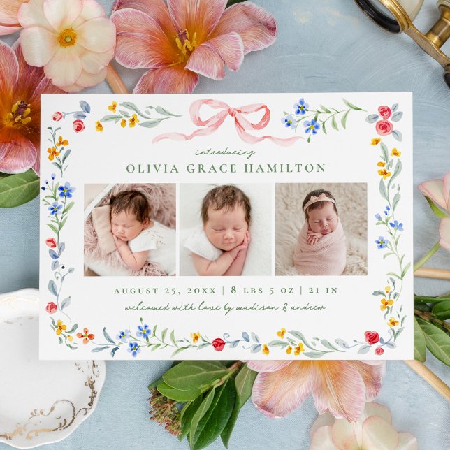 Elegant Meadow Blooms Pink Bow 3 Photo Birth Announcement (Creator Uploaded)