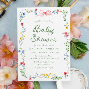 Elegant Meadow Blooms Pink Bow Baby Shower Invitation