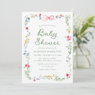 Elegant Meadow Blooms Pink Bow Baby Shower Invitation