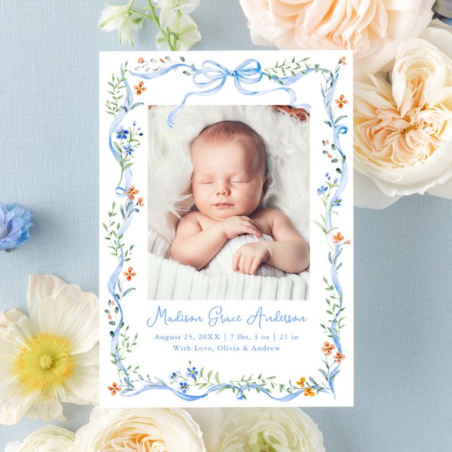 Elegant Meadow Floral Blue Bow Photo Birth Announcement (Creator Uploaded)