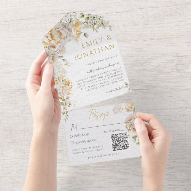 Elegant Meadow Floral Wedding QR Code All In One Invitation (Tearaway)