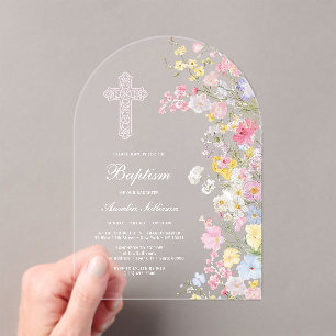 Elegant Meadow Flowers Arch Baptism Acrylic Invitations