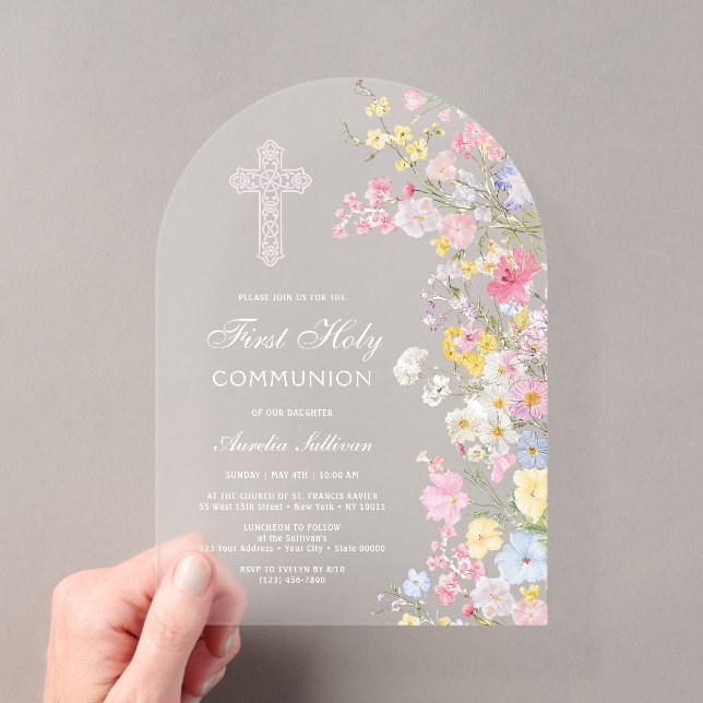 Elegant Meadow Flowers Arch First Communion Acrylic Invitations (Insitu (Handheld))