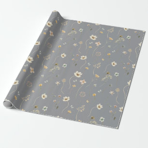 Elegant Meadow Wildflowers Watercolor Brown Grey Wrapping Paper