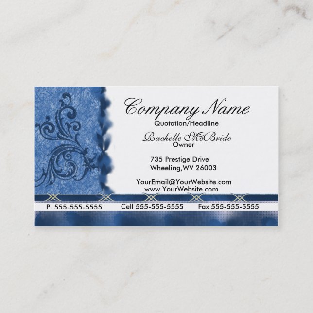 Elegant Med Blue Embroidery Business Cards (Front)