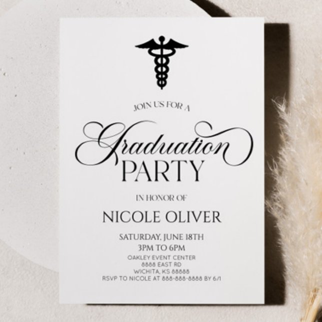 Elegant Medical Caduceus Graduation Invitation (Creator Uploaded)