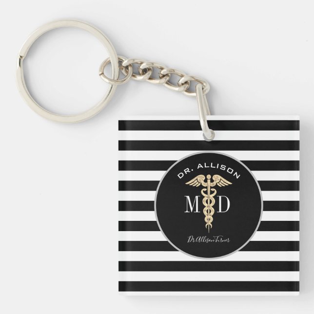 Elegant Medical Doctor Caduceus Black Personalised Key Ring (Front)