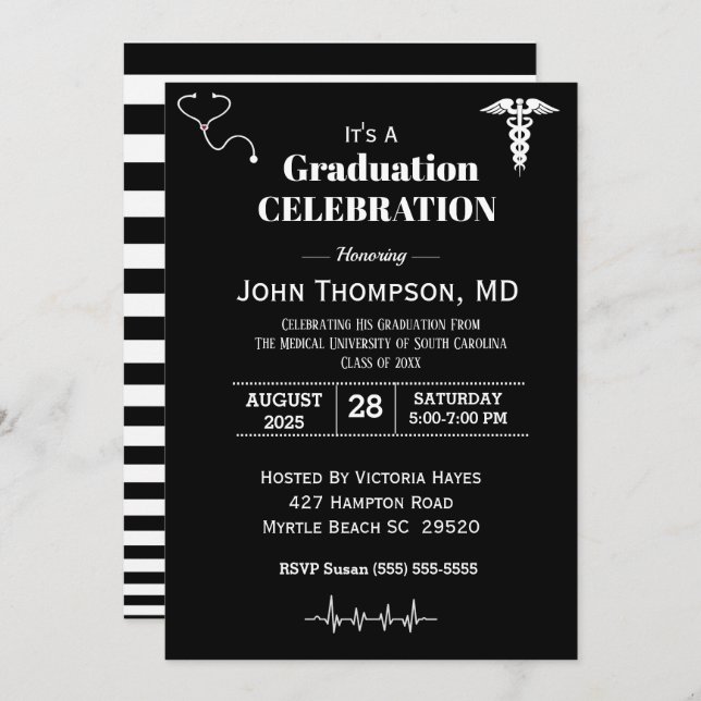 Elegant Medical Graduation Party Black and White  Invitation (Front/Back)
