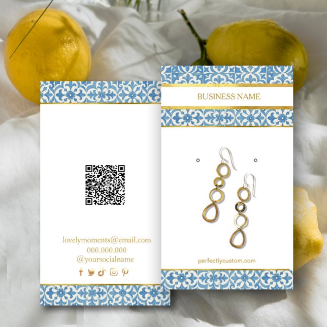 Elegant Mediterranean Blue Earing Display Business Card (Elegant Mediterranean Blue Earing Display Business Card #zazzlemade #blueandgoldearringscard #rustic)