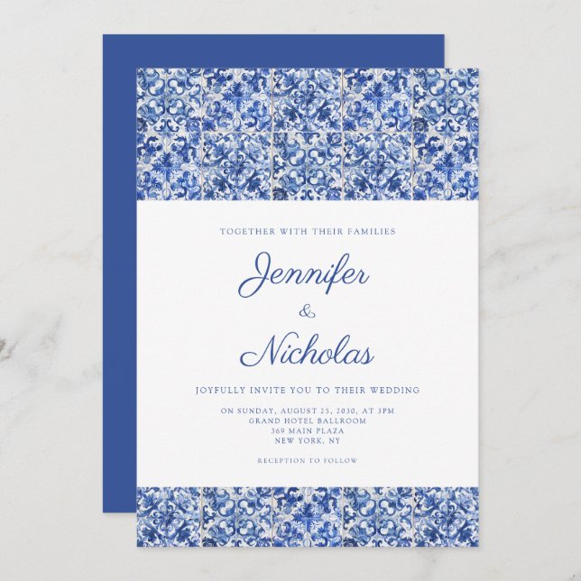 Elegant Mediterranean Blue Tiles Wedding Invitation (Front/Back)