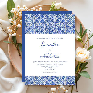 Elegant Mediterranean Blue Tiles Wedding Invitation