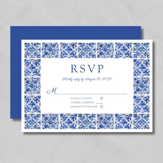 Elegant Mediterranean Blue Tiles Wedding RSVP Card (Elegant Mediterranean Blue Tiles Wedding RSVP Card)