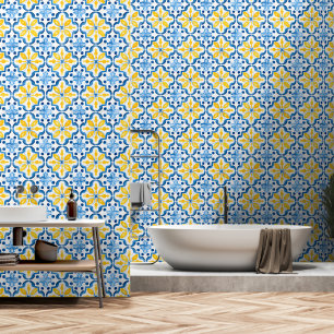 Elegant Mediterranean Blue Yellow Tile Pattern  Wallpaper