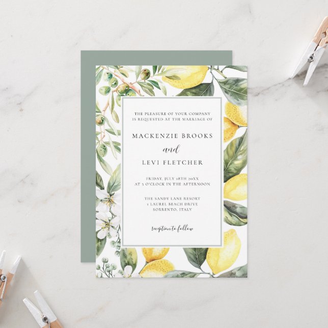 Elegant Mediterranean Garden Lemon Wedding Invitation (Front/Back In Situ)