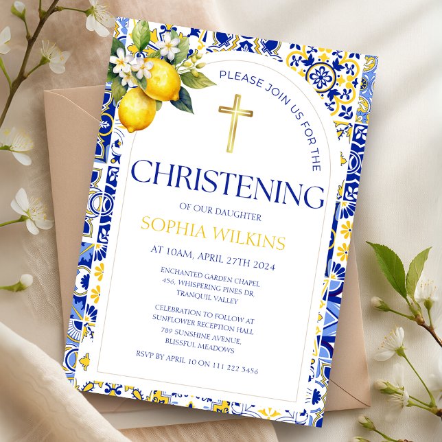 Elegant Mediterranean Lemon Blue Tiles Christening Invitation (Elegant Mediterranean Lemon Blue Tiles Christening Invitation)