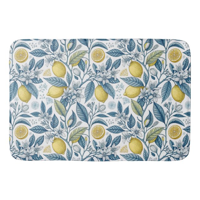 Elegant Mediterranean Lemon Botanical Navy Bath Mat (Front)