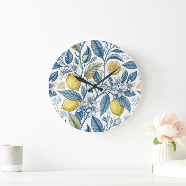 Elegant Mediterranean Lemon Botanical Navy Large Clock (Home)