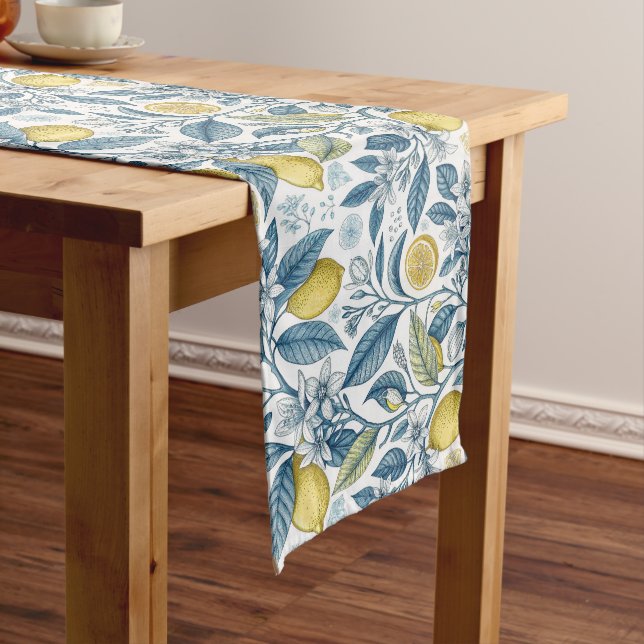 Elegant Mediterranean Lemon Botanical Navy Long Table Runner (In Situ)