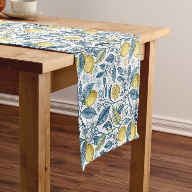 Elegant Mediterranean Lemon Botanical Navy Short Table Runner (In Situ)