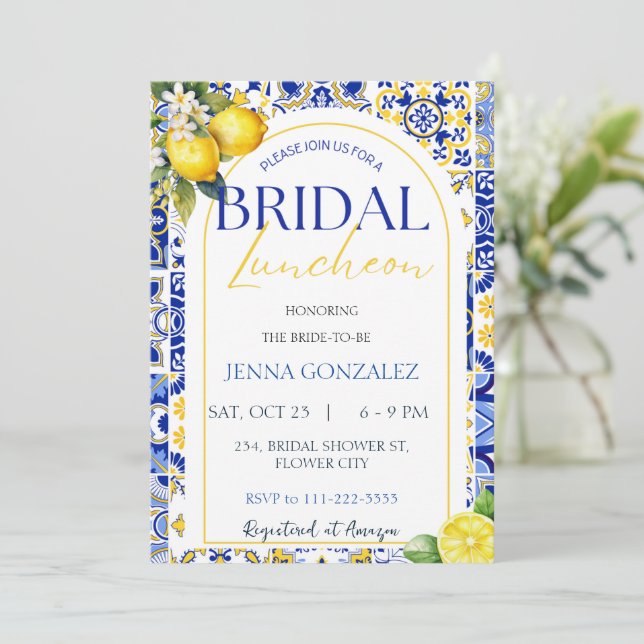 Elegant Mediterranean Lemon Bridal Luncheon Invitation (Standing Front)