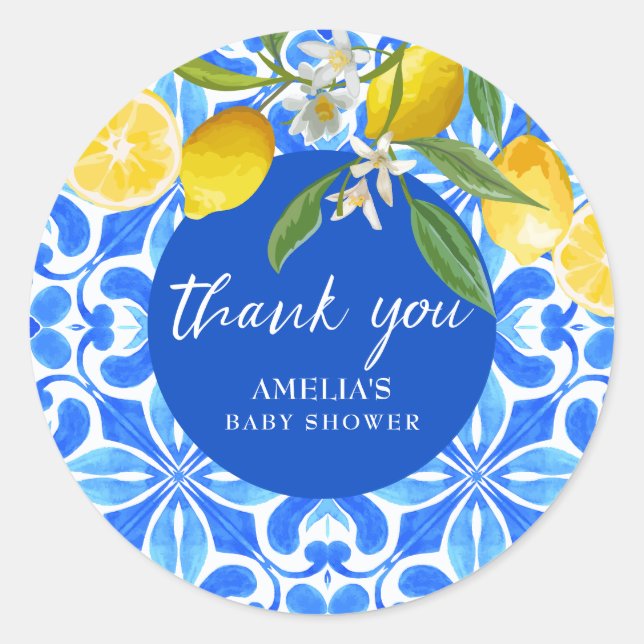 Elegant Mediterranean Lemon citrus Baby Shower  Classic Round Sticker (Front)