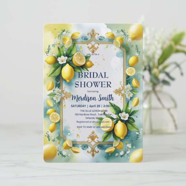 Elegant Mediterranean Lemon Floral Bridal Shower   Invitation (Standing Front)