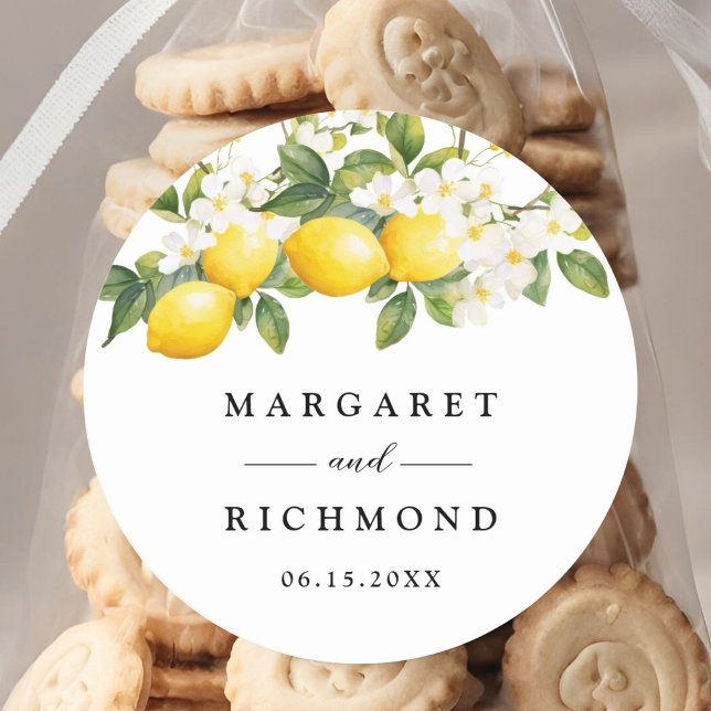 Elegant Mediterranean Lemon Wedding  Classic Round Sticker (Creator Uploaded)