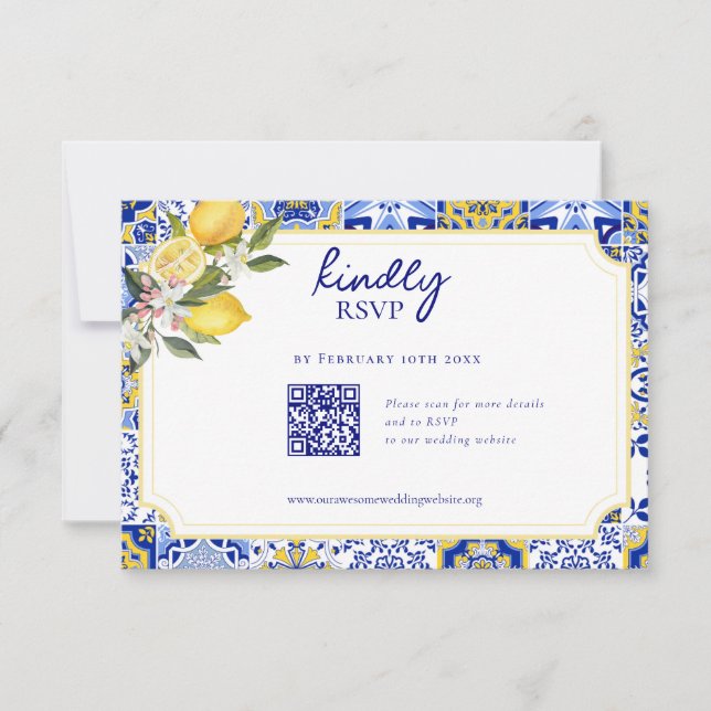 Elegant Mediterranean Lemon Wedding QR code RSVP Card (Front)