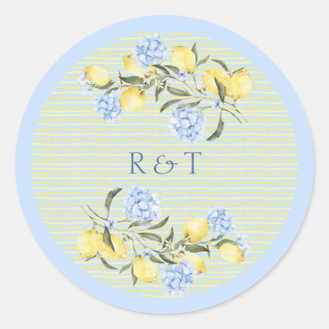 Elegant Mediterranean Lemons Initials Wedding Classic Round Sticker (Front)