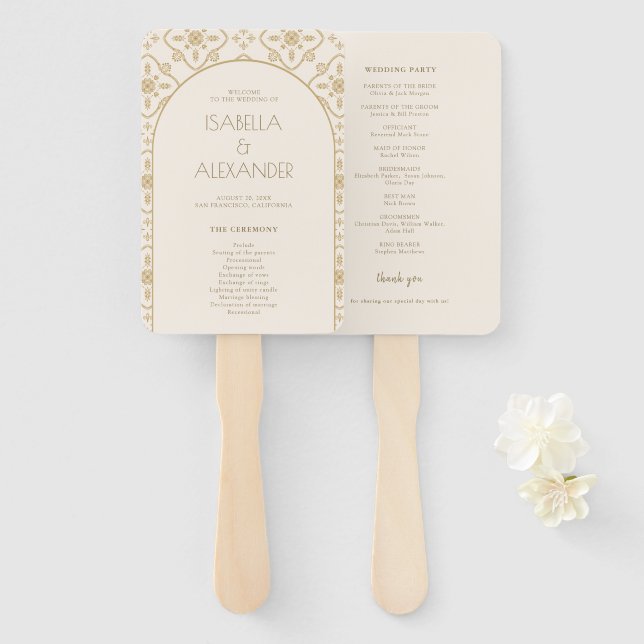 Elegant Mediterranean Tile Arch Wedding Program Hand Fan (Front and Back)