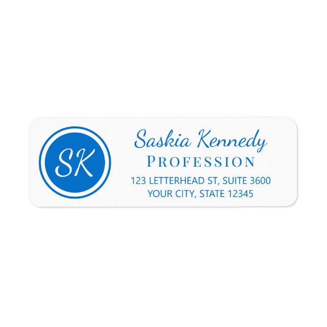 Elegant Medium Blue Monogram Return Address (Front)