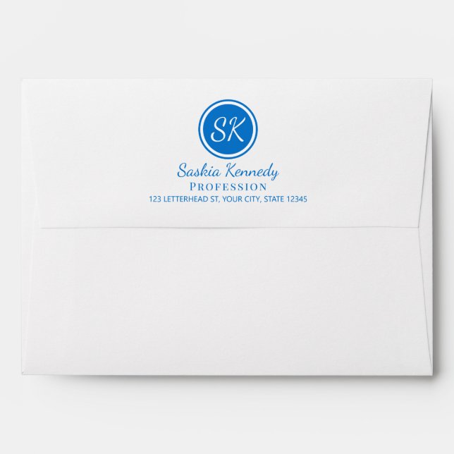Elegant Medium Blue Professional Monogram Business Envelope (Back (Top Flap))