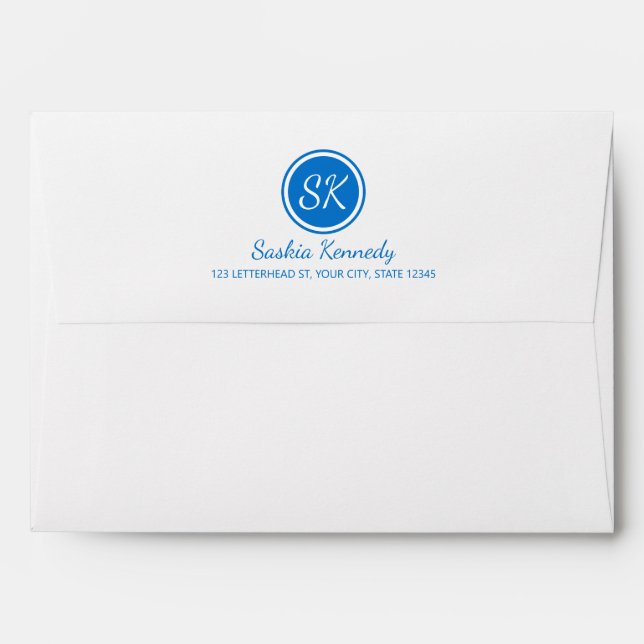 Elegant Medium Blue Professional Monogram Business Envelope (Back (Top Flap))