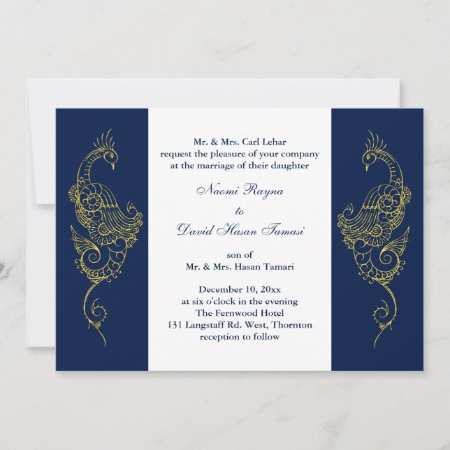 Elegant Mehndi Peacock Wedding Invite Navy & White (Front)