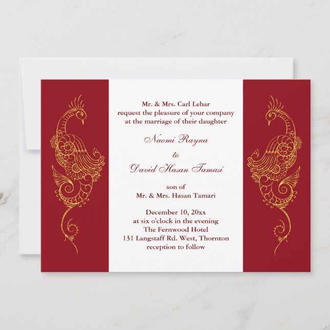 Elegant Mehndi Peacock Wedding Invite Red & White (Front)