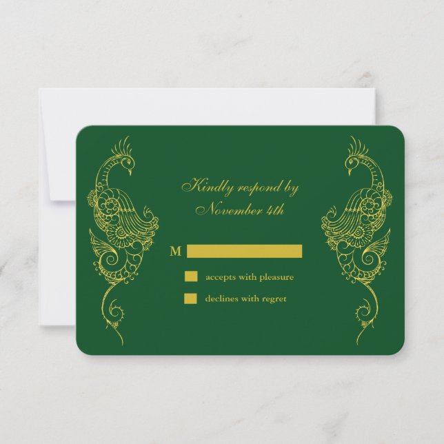 Elegant Mehndi Peacock Wedding RSVP - green (Front)