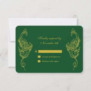 Elegant Mehndi Peacock Wedding RSVP - green Card
